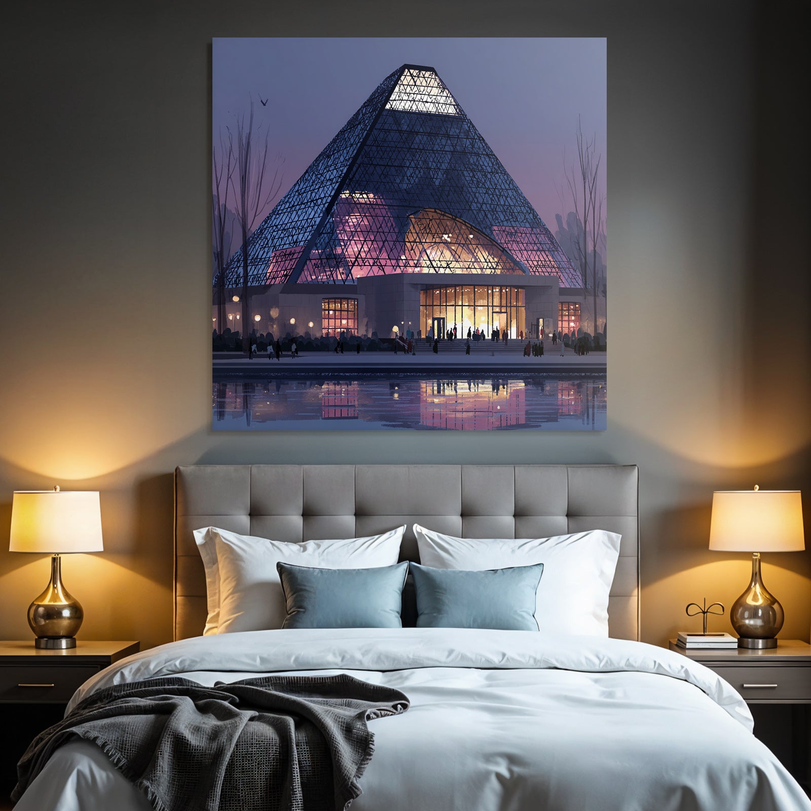 Moderne Moderne Pyramide Mit Glass Fassade Beleuchteter Eingang Abend Atmosphäre