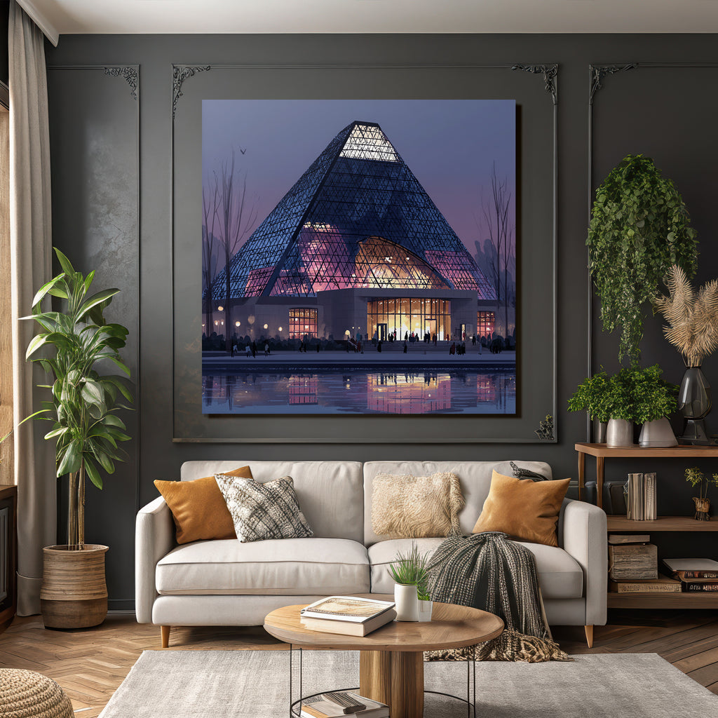 Moderne Moderne Pyramide Mit Glass Fassade Beleuchteter Eingang Abend Atmosphäre