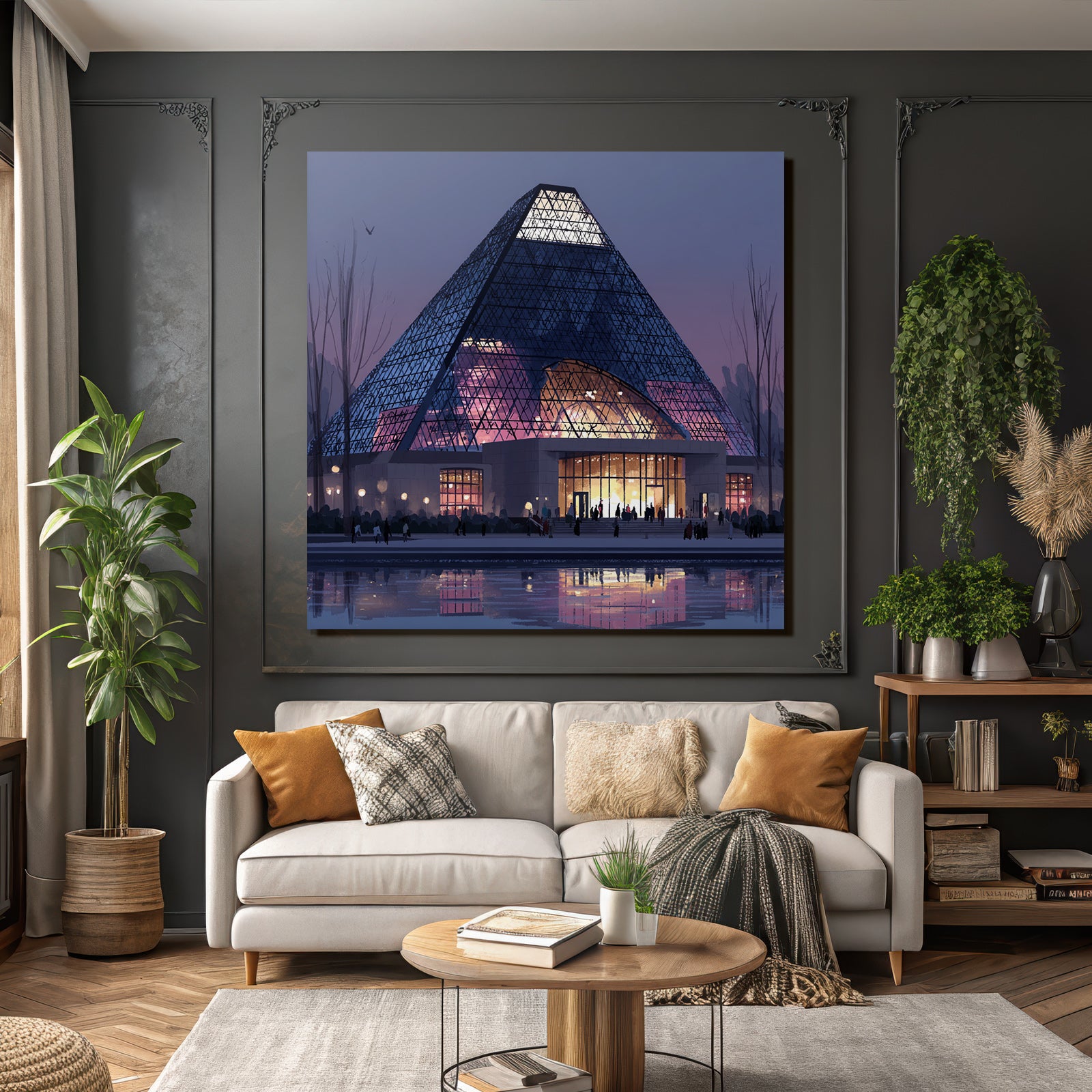 Moderne Moderne Pyramide Mit Glass Fassade Beleuchteter Eingang Abend Atmosphäre