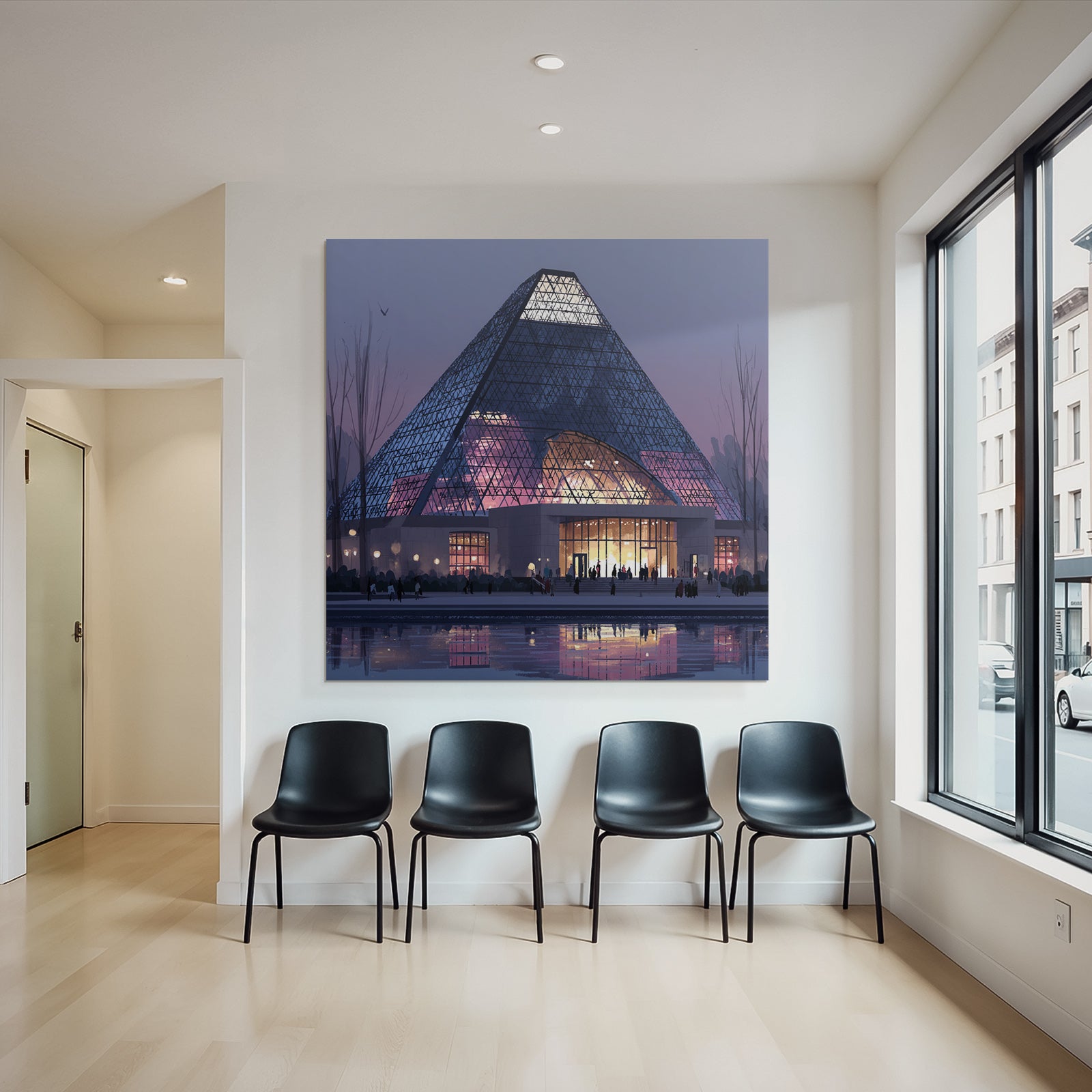 Moderne Moderne Pyramide Mit Glass Fassade Beleuchteter Eingang Abend Atmosphäre