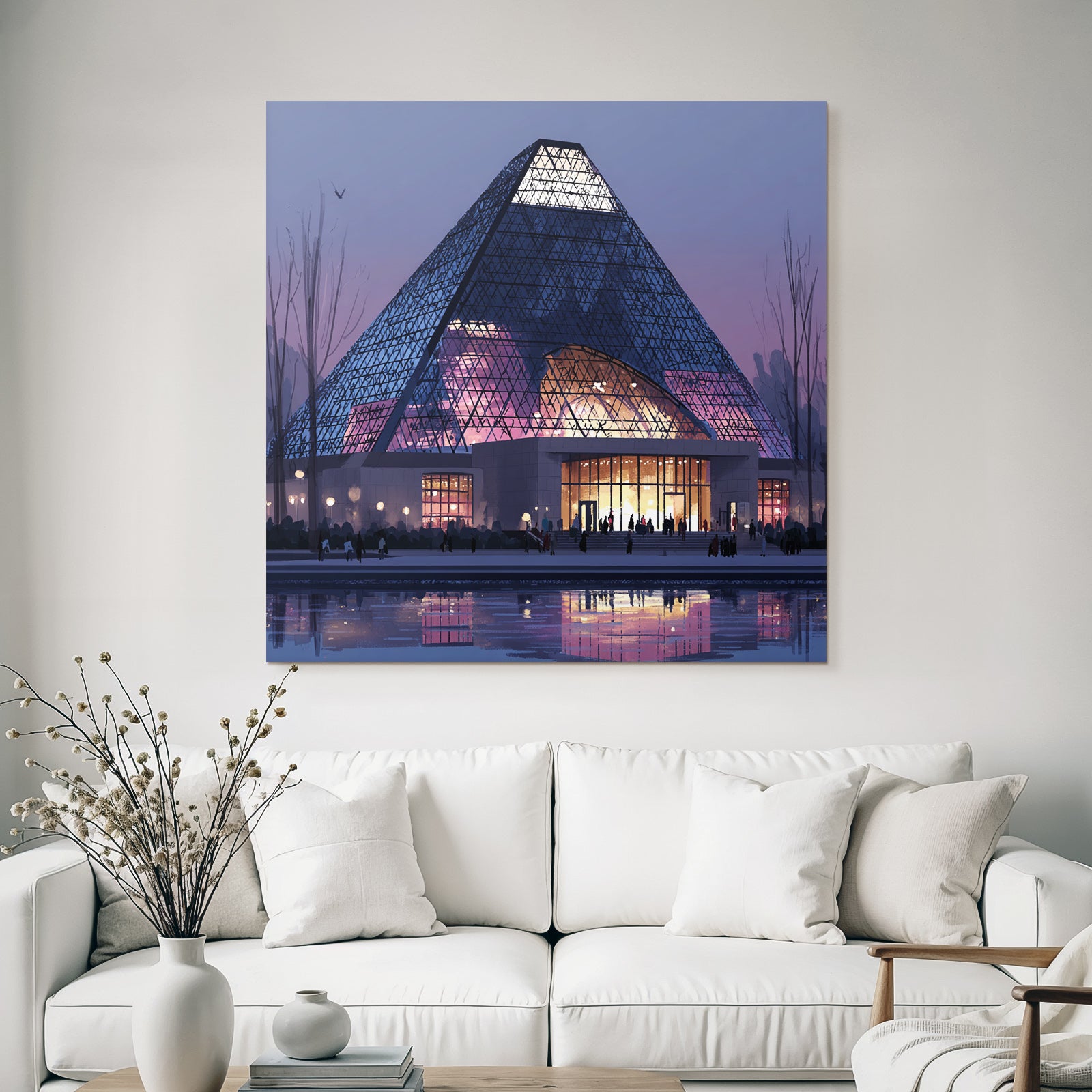 Moderne Moderne Pyramide Mit Glass Fassade Beleuchteter Eingang Abend Atmosphäre