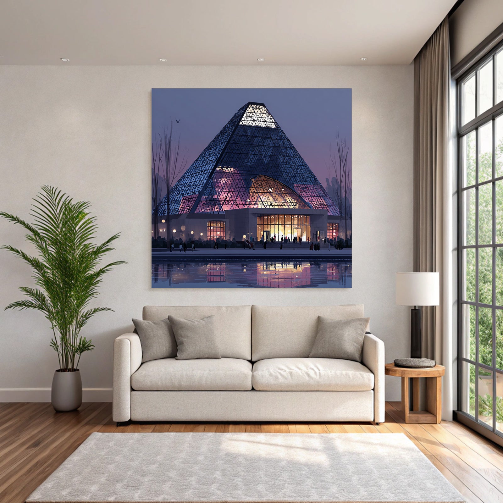 Moderne Moderne Pyramide Mit Glass Fassade Beleuchteter Eingang Abend Atmosphäre