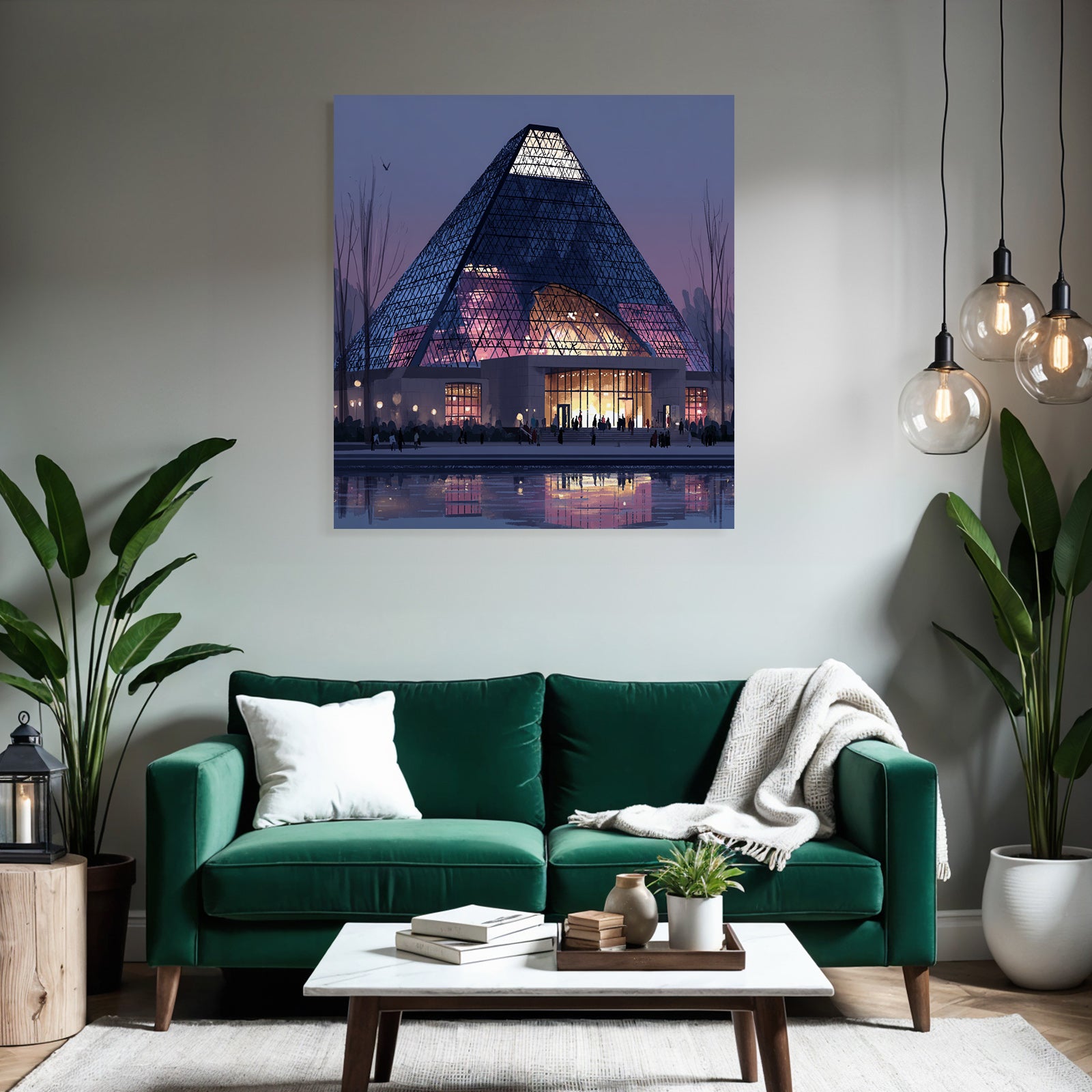 Moderne Moderne Pyramide Mit Glass Fassade Beleuchteter Eingang Abend Atmosphäre