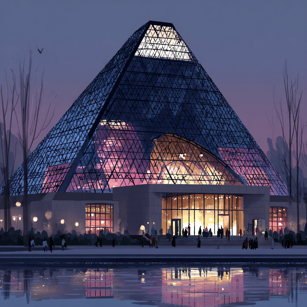 Moderne Moderne Pyramide Mit Glass Fassade Beleuchteter Eingang Abend Atmosphäre | Moderne Architektur | Architektur