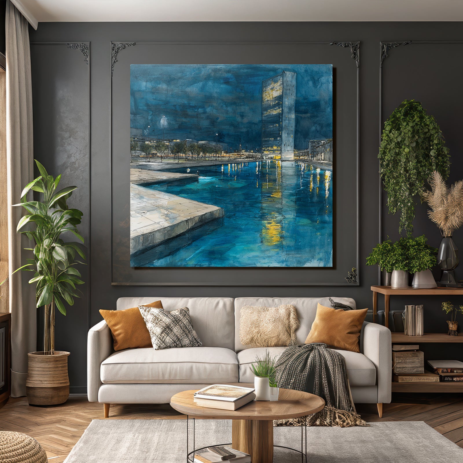 Moderne Nachtszenen Stadt Reflexion Wasser