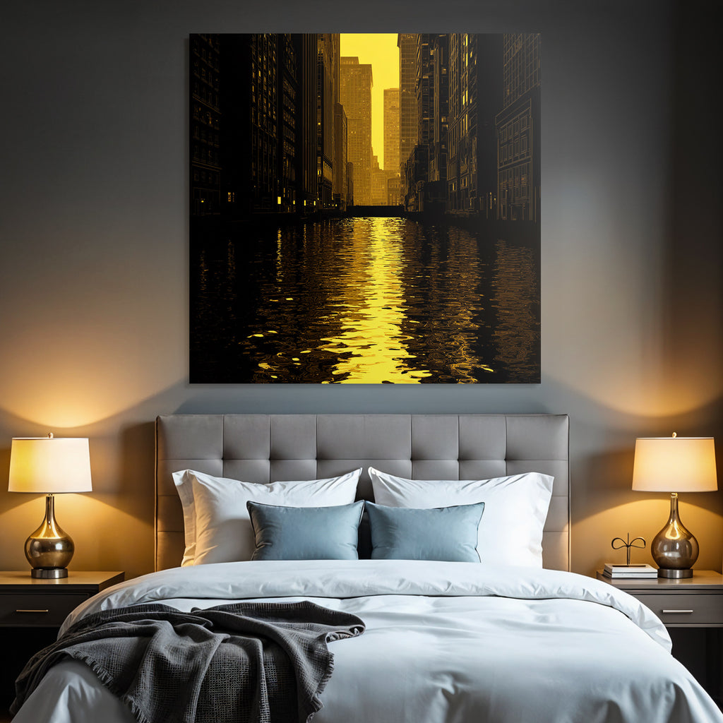 Moderne Stadtlandschaft Dämmerung Wasser Reflexion Kunststil