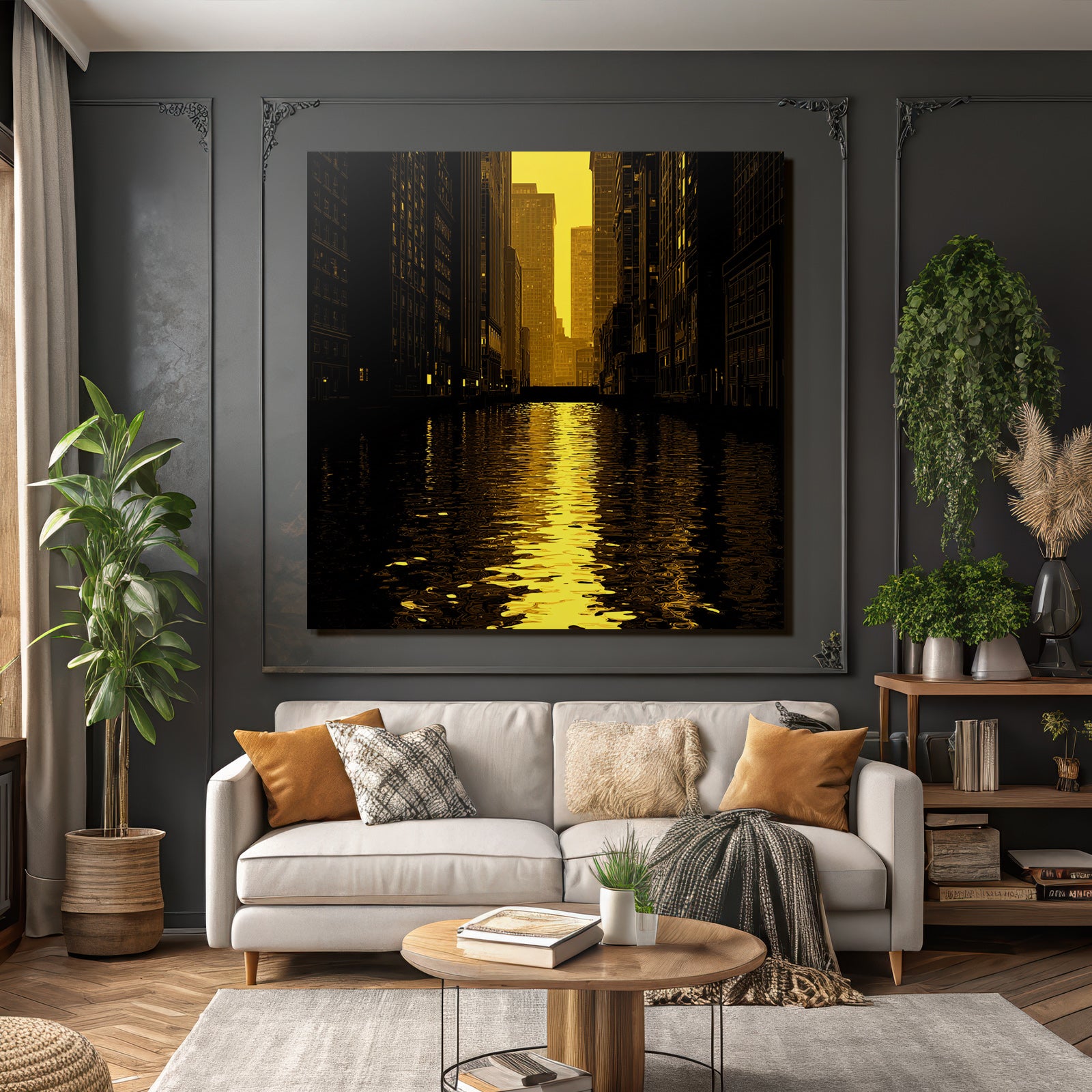 Moderne Stadtlandschaft Dämmerung Wasser Reflexion Kunststil