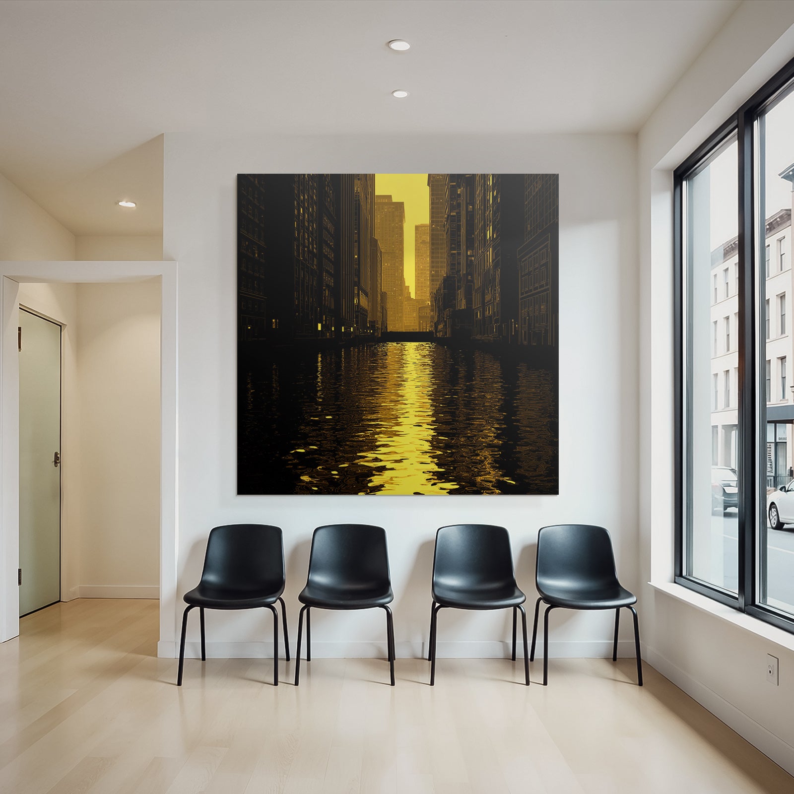 Moderne Stadtlandschaft Dämmerung Wasser Reflexion Kunststil