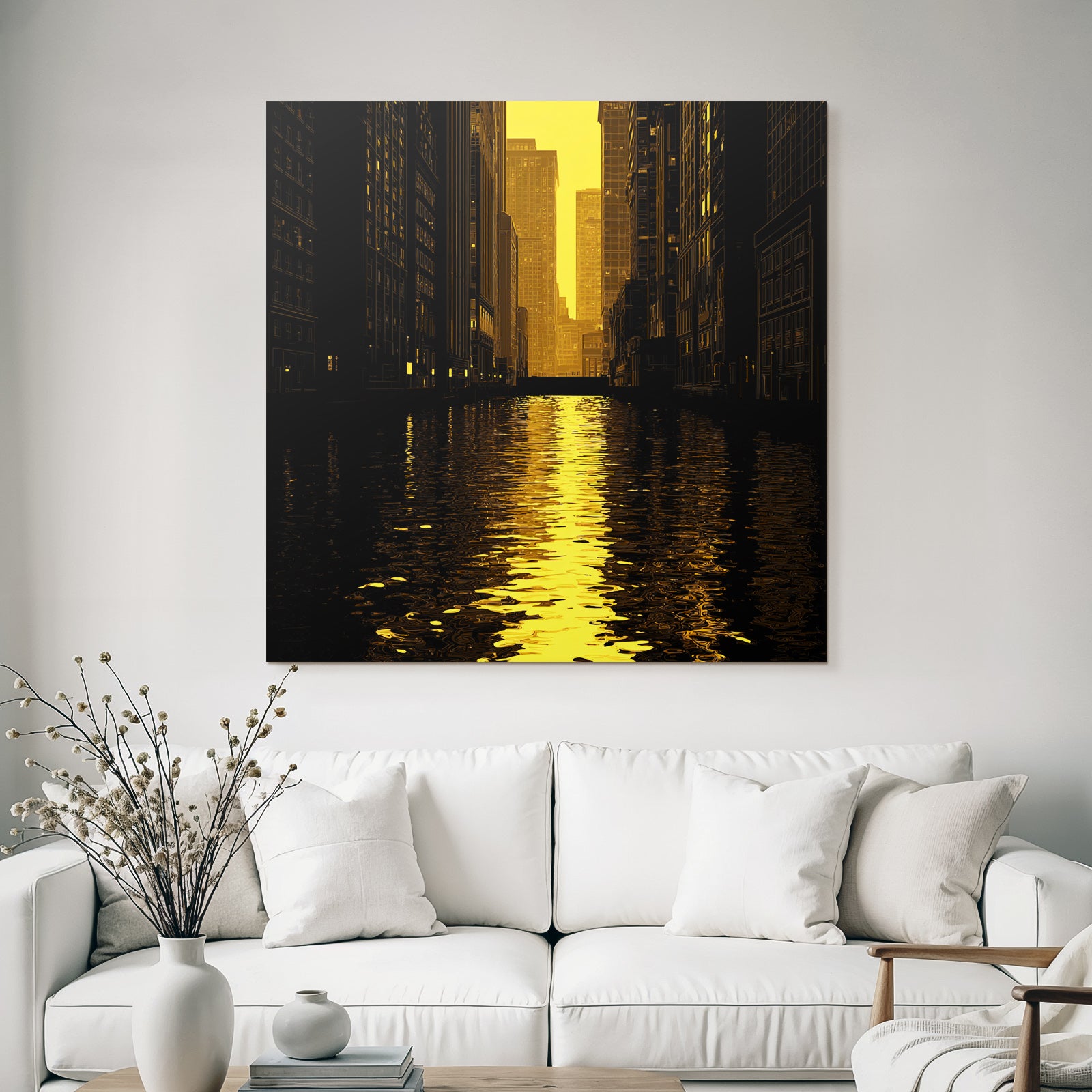 Moderne Stadtlandschaft Dämmerung Wasser Reflexion Kunststil