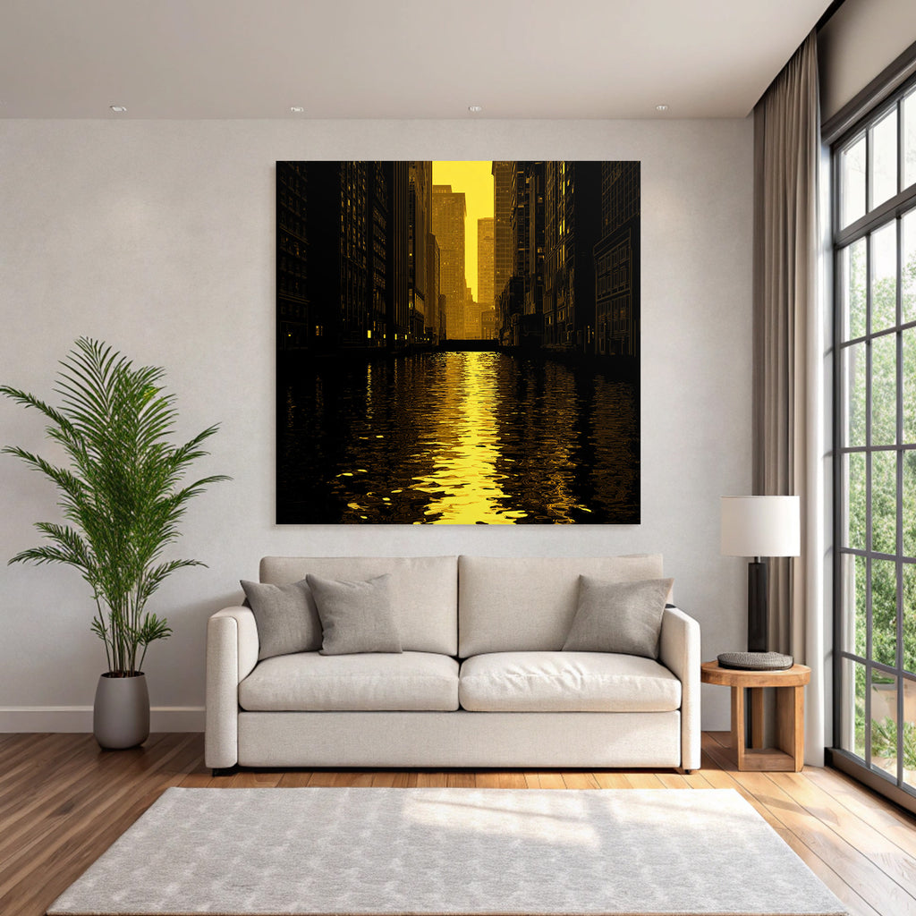 Moderne Stadtlandschaft Dämmerung Wasser Reflexion Kunststil