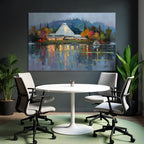 Moderne Farbenfrohes Impressionistisches Gemälde Von Gebäüde Mit Dach Und Reflektierendem Wasser