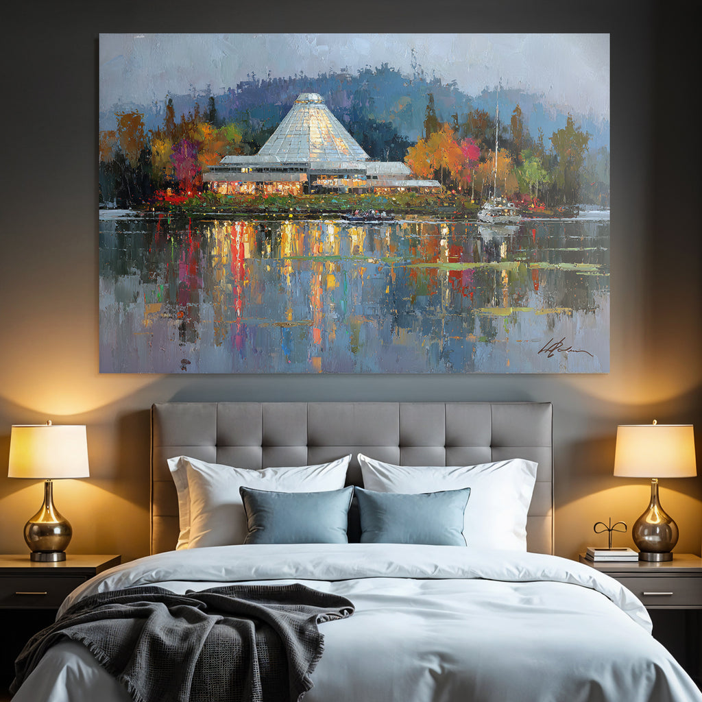 Moderne Farbenfrohes Impressionistisches Gemälde Von Gebäüde Mit Dach Und Reflektierendem Wasser