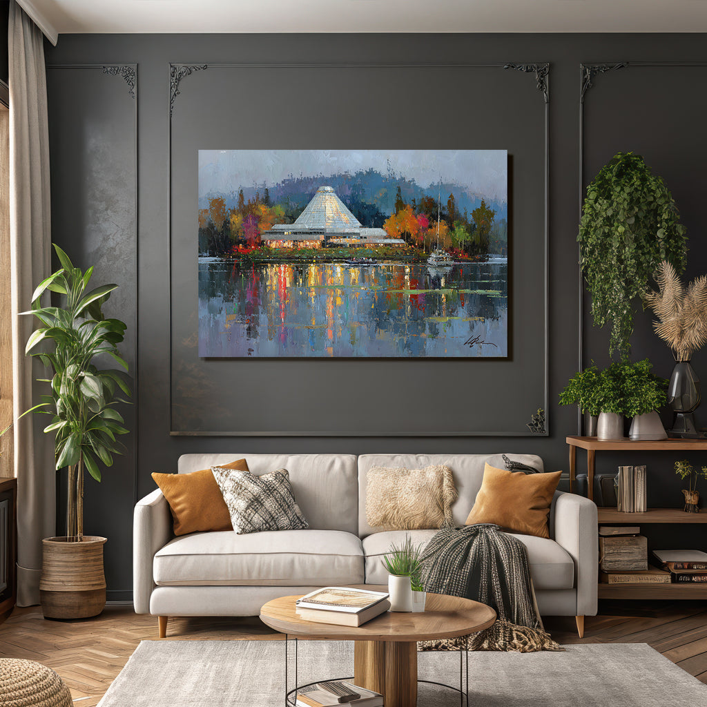 Moderne Farbenfrohes Impressionistisches Gemälde Von Gebäüde Mit Dach Und Reflektierendem Wasser