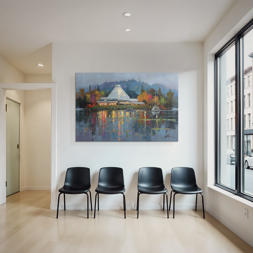Moderne Farbenfrohes Impressionistisches Gemälde Von Gebäüde Mit Dach Und Reflektierendem Wasser