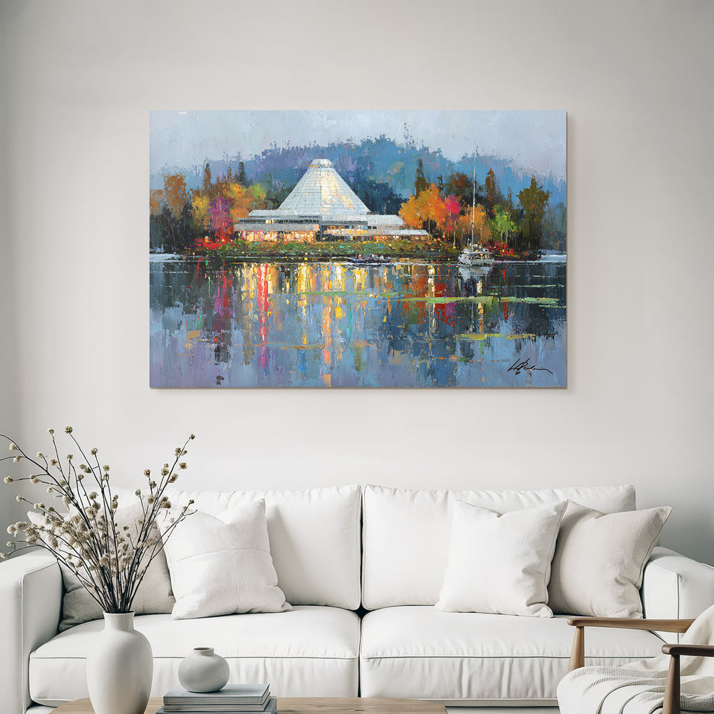 Moderne Farbenfrohes Impressionistisches Gemälde Von Gebäüde Mit Dach Und Reflektierendem Wasser