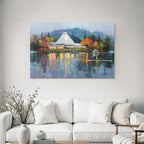 Moderne Farbenfrohes Impressionistisches Gemälde Von Gebäüde Mit Dach Und Reflektierendem Wasser