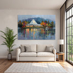 Moderne Farbenfrohes Impressionistisches Gemälde Von Gebäüde Mit Dach Und Reflektierendem Wasser