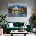 Moderne Farbenfrohes Impressionistisches Gemälde Von Gebäüde Mit Dach Und Reflektierendem Wasser