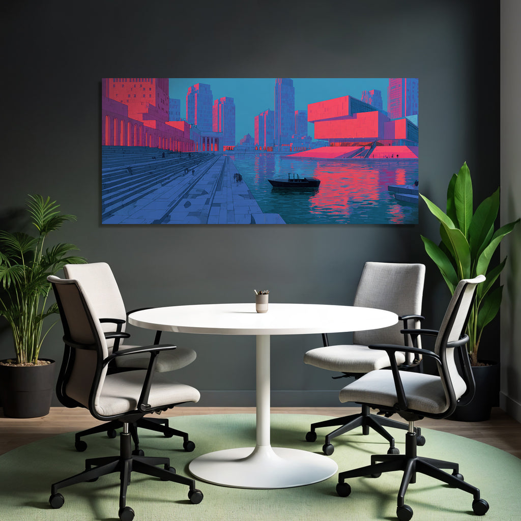 Moderne Futuristische Stadtlandschaft Mit Hafen Und Reflexionen