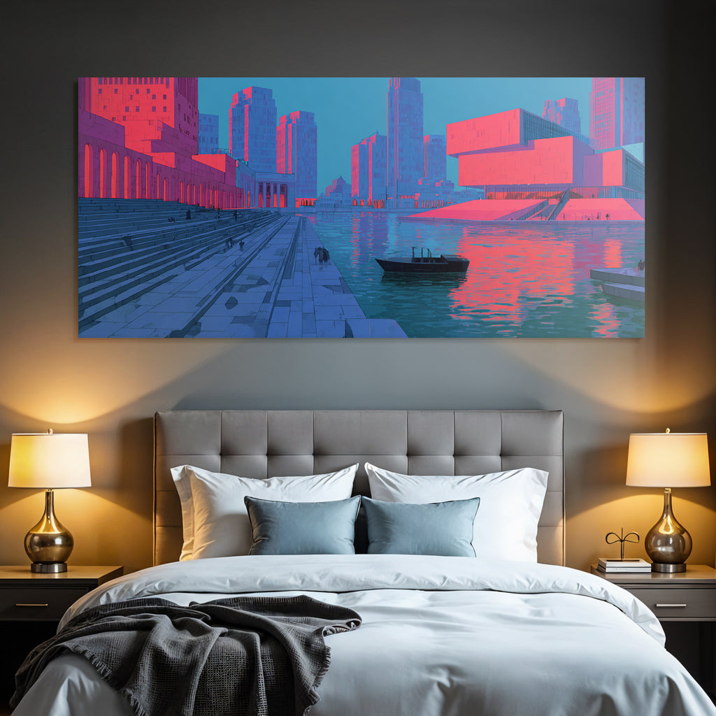Moderne Futuristische Stadtlandschaft Mit Hafen Und Reflexionen