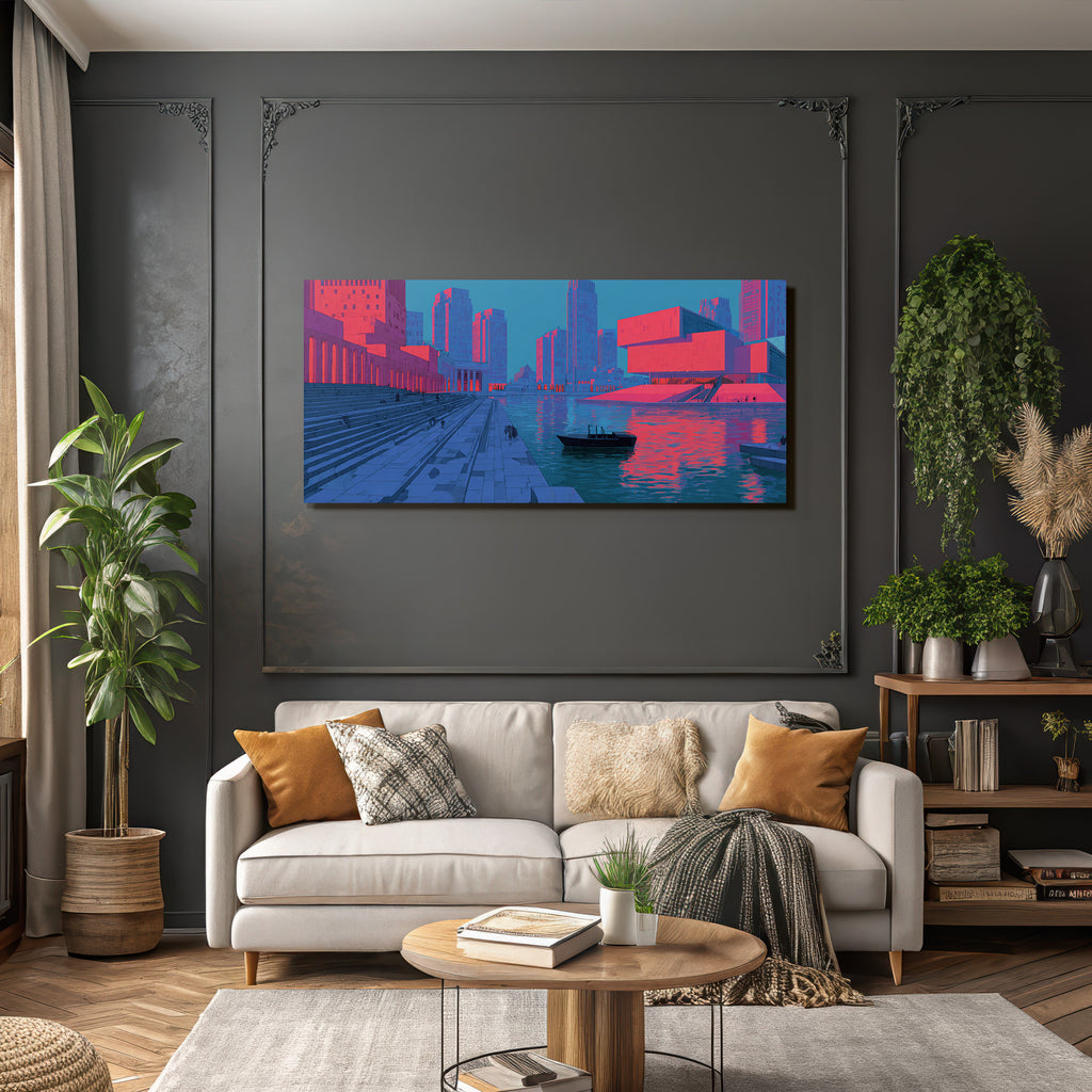 Moderne Futuristische Stadtlandschaft Mit Hafen Und Reflexionen