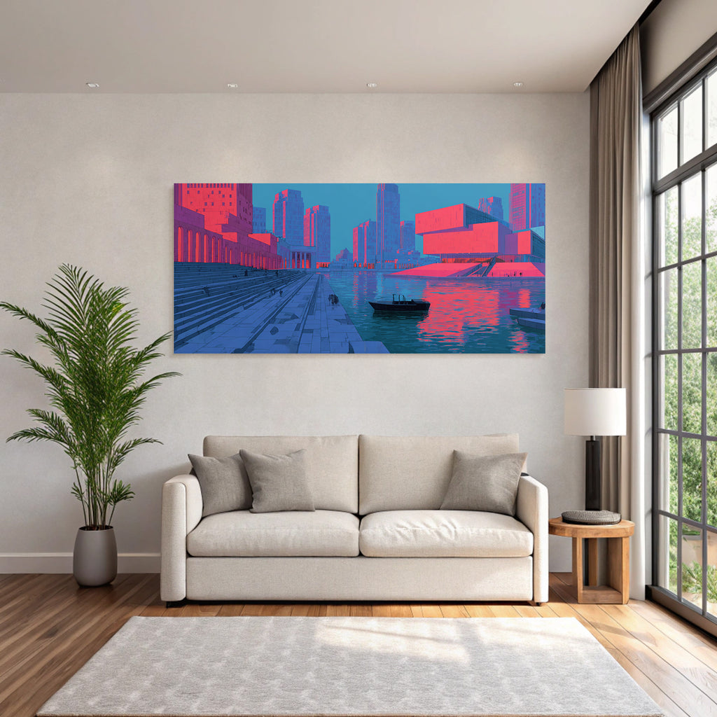 Moderne Futuristische Stadtlandschaft Mit Hafen Und Reflexionen