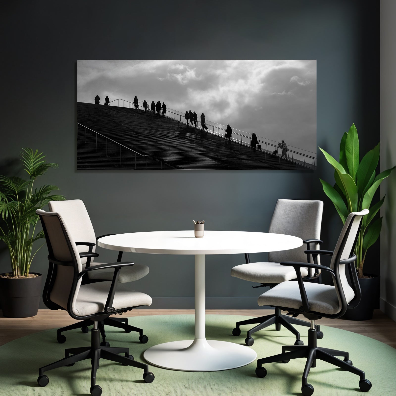 Moderne Gruppe Menschen Auf Neigung Architektonische Struktur Schwarz Weiss
