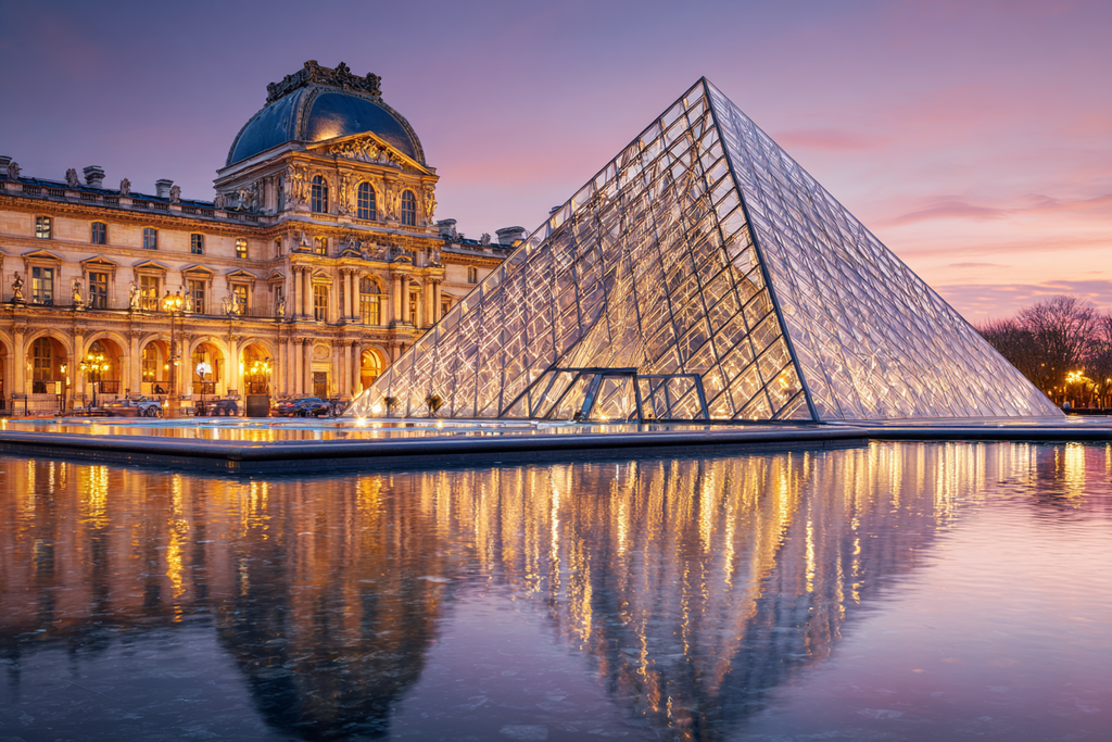 Moderne Louvre Museum Glas Pyramide Bei Sonnenuntergang | Moderne Architektur | Architektur