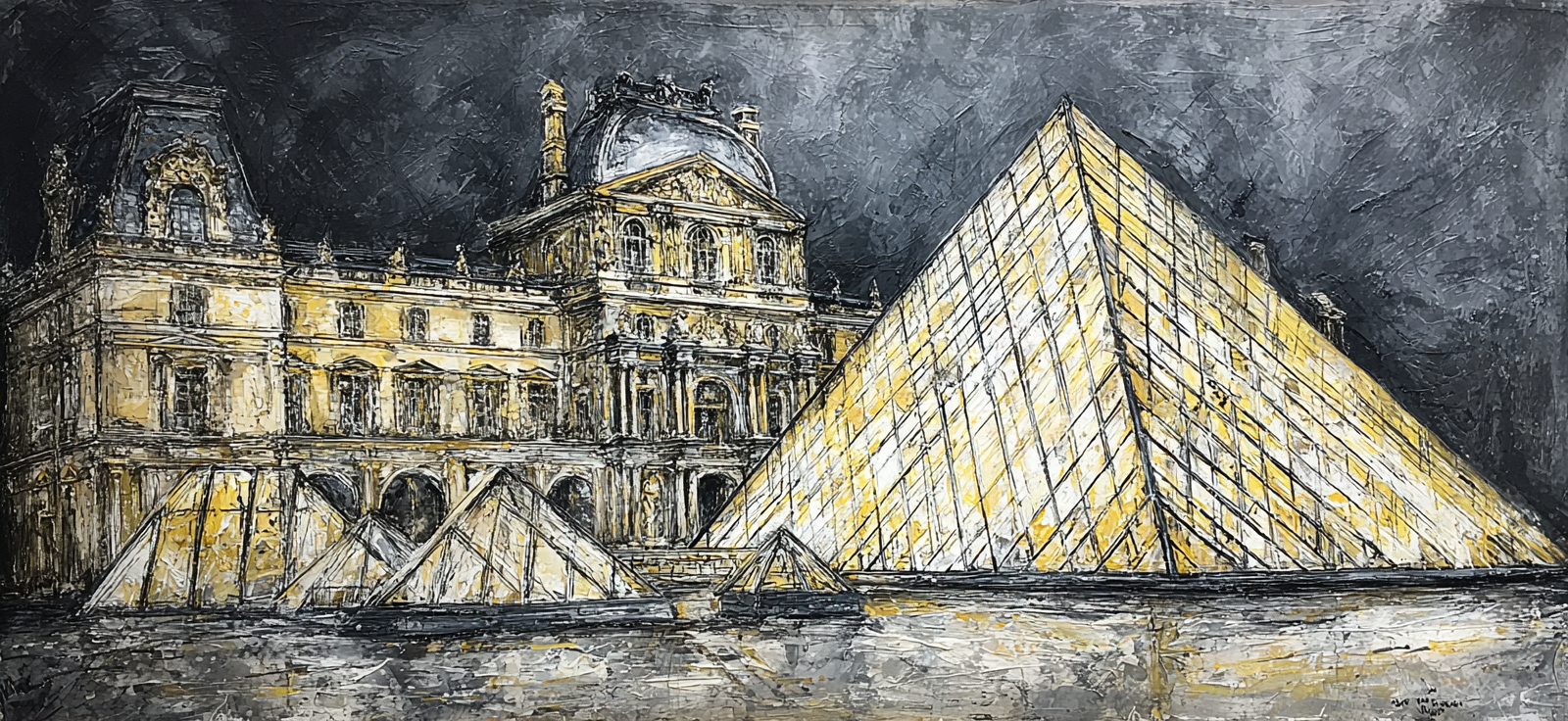 Moderne Louvre Museum Glaspyramide Stilisierte Darstellung Dramatischer Himmel | Moderne Architektur | Architektur