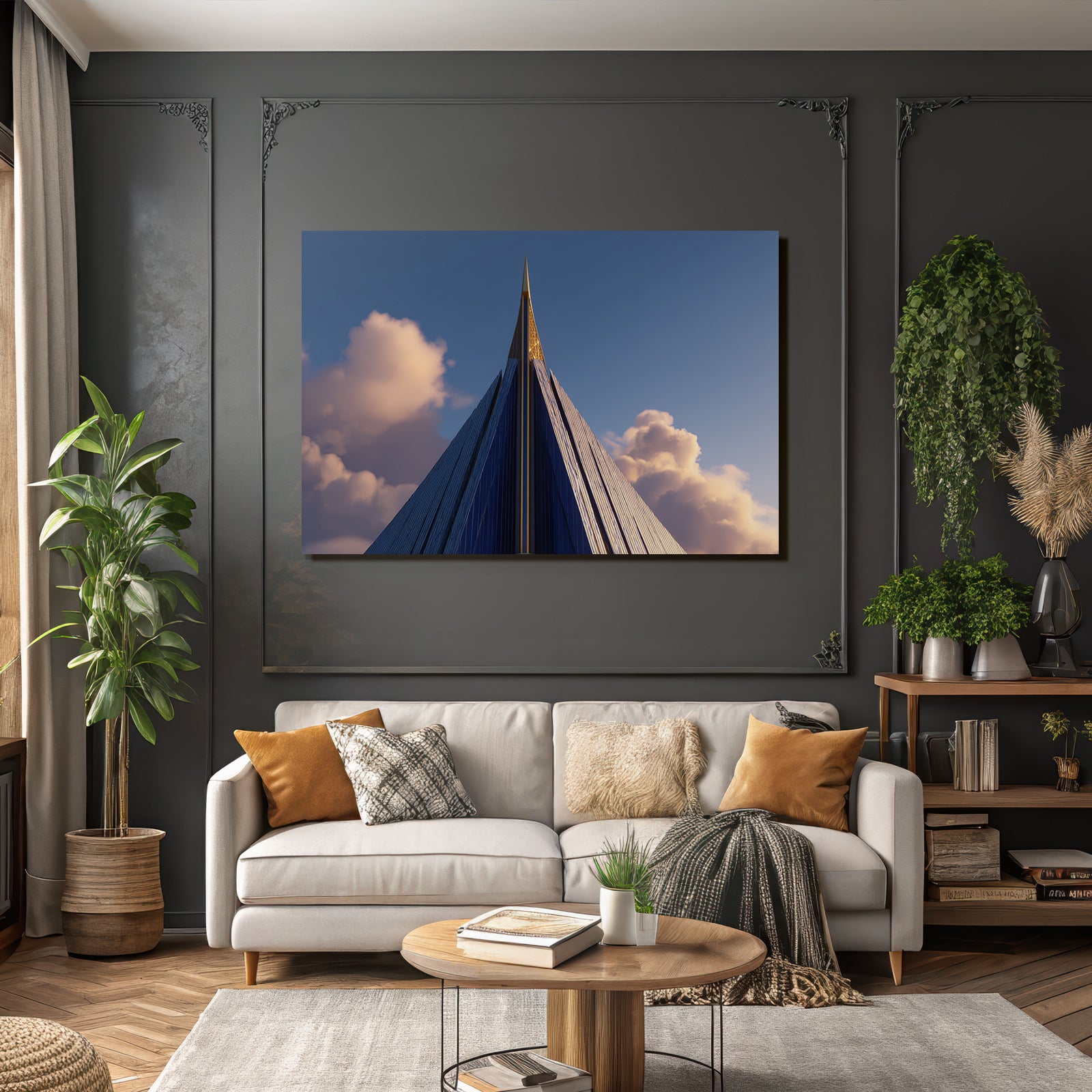 Moderne Modern Skyscraper Spire Glass Panels Blüsky Clouds
