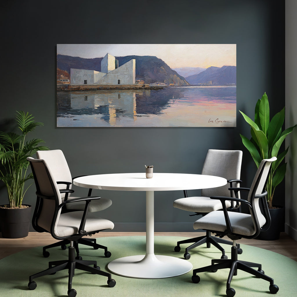 Moderne Moderne Am Wasser Umgeben Von Bergen Oil Painting