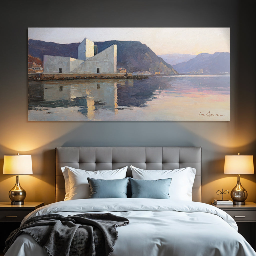 Moderne Moderne Am Wasser Umgeben Von Bergen Oil Painting