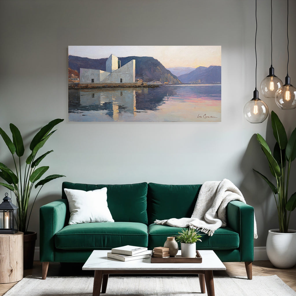 Moderne Moderne Am Wasser Umgeben Von Bergen Oil Painting