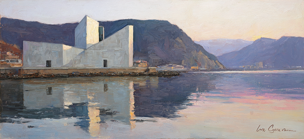 Moderne Moderne Am Wasser Umgeben Von Bergen Oil Painting | Moderne Architektur | Architektur