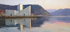 Moderne Moderne Am Wasser Umgeben Von Bergen Oil Painting | Moderne Architektur | Architektur
