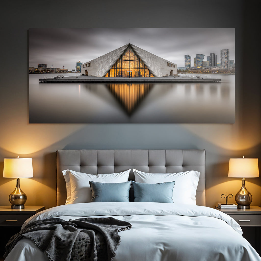 Moderne Moderne Auf Wasser Mit Stadtansicht Triangulares Gebaude