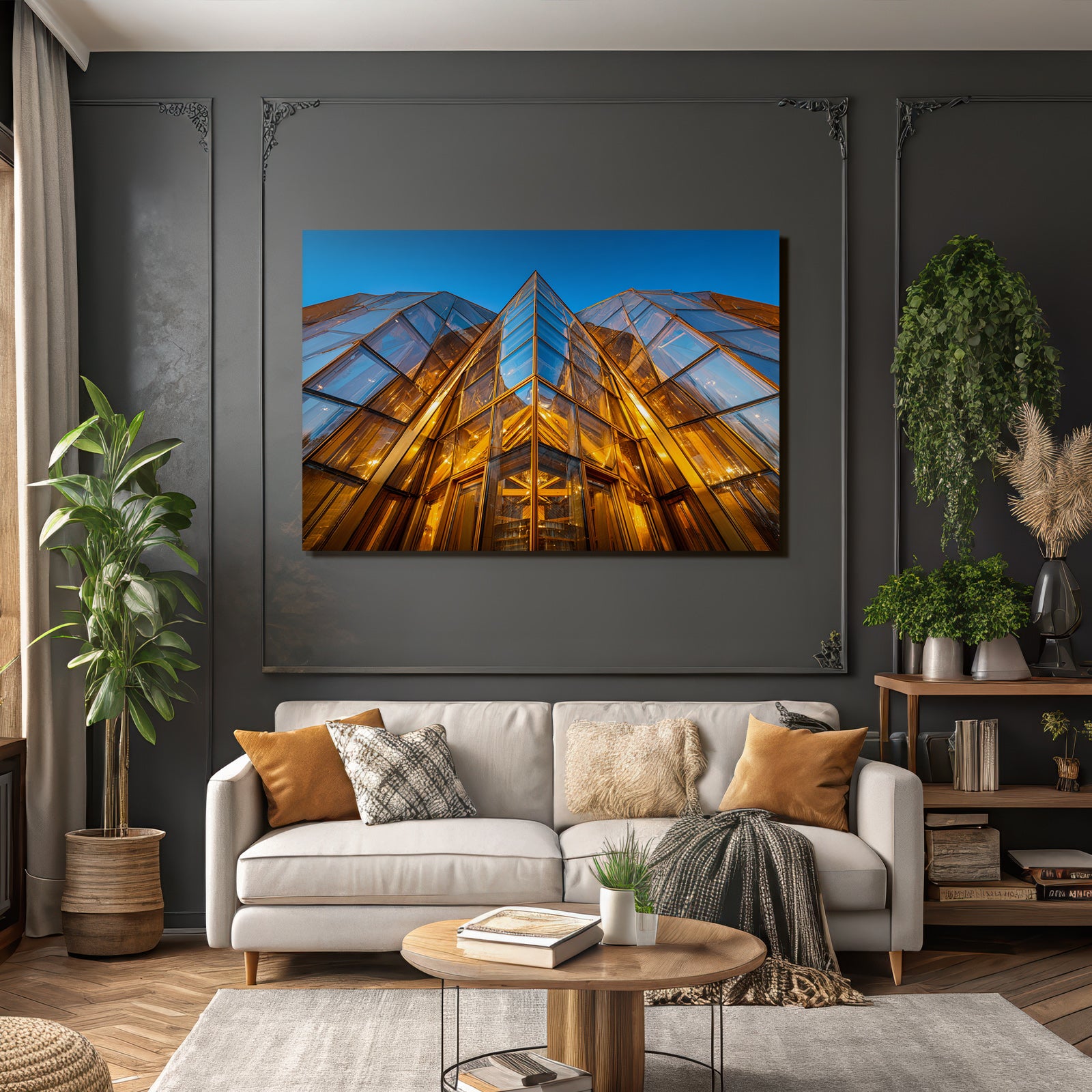 Moderne Moderne Glaspanel Warme Beleuchtung Scharfe Winkel Geometrische Formen