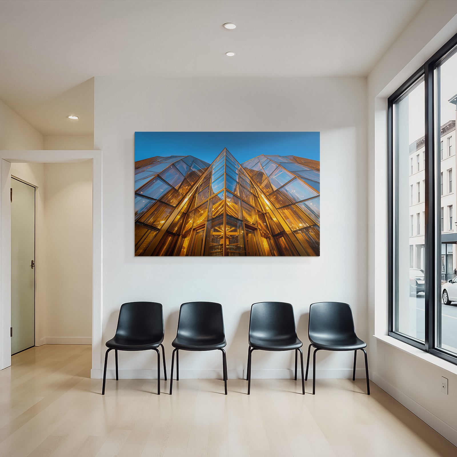 Moderne Moderne Glaspanel Warme Beleuchtung Scharfe Winkel Geometrische Formen