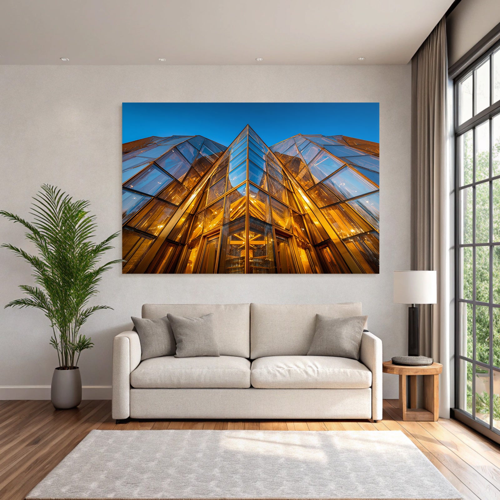 Moderne Moderne Glaspanel Warme Beleuchtung Scharfe Winkel Geometrische Formen