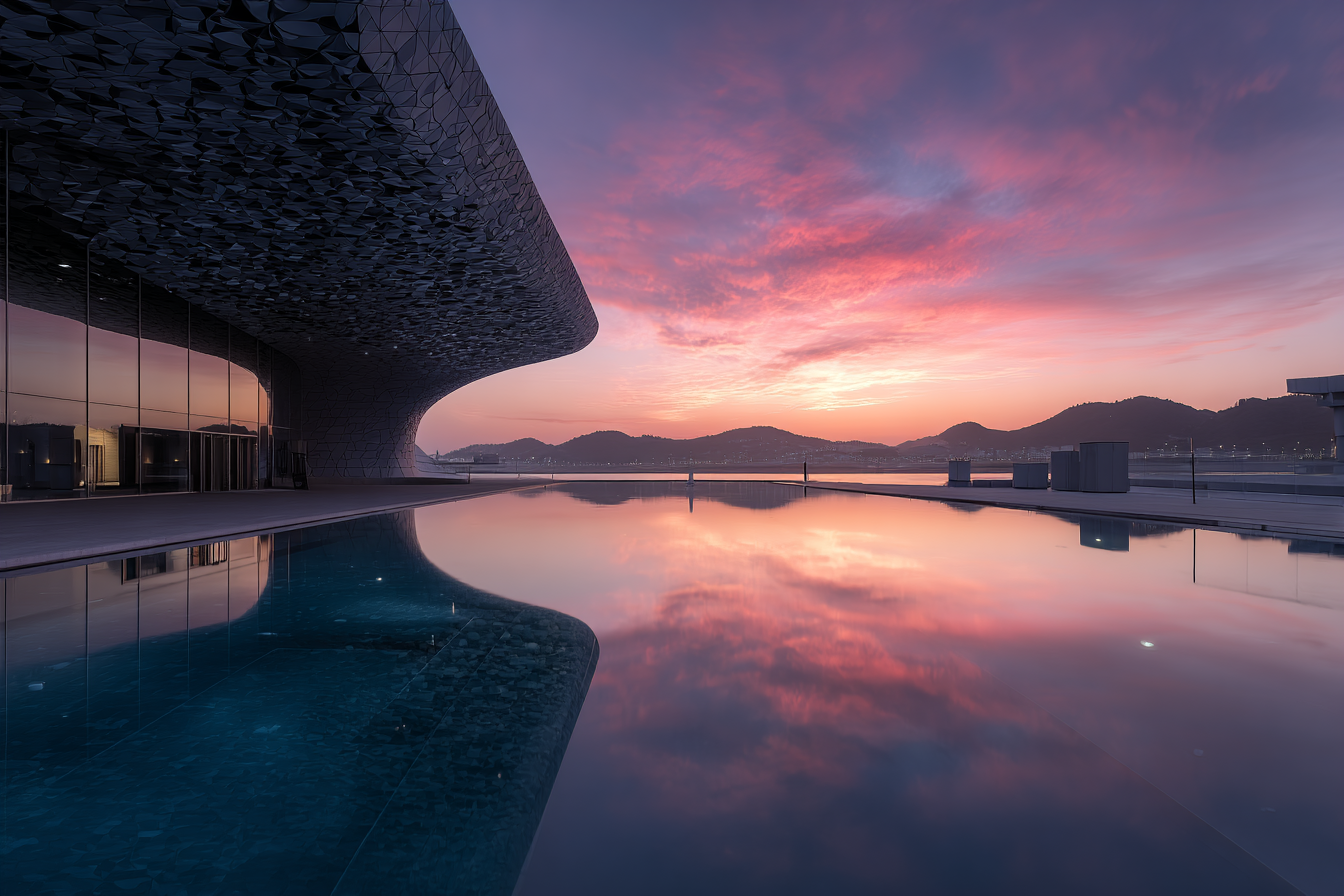 Moderne Moderne Kurven Form Reflektion Im Wasser Beim Sonnenuntergang | Moderne Architektur | Architektur