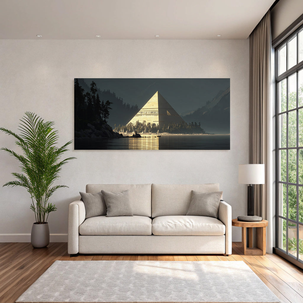 Moderne Pyramide Im Licht In Der Natur Mit See Und Bergen