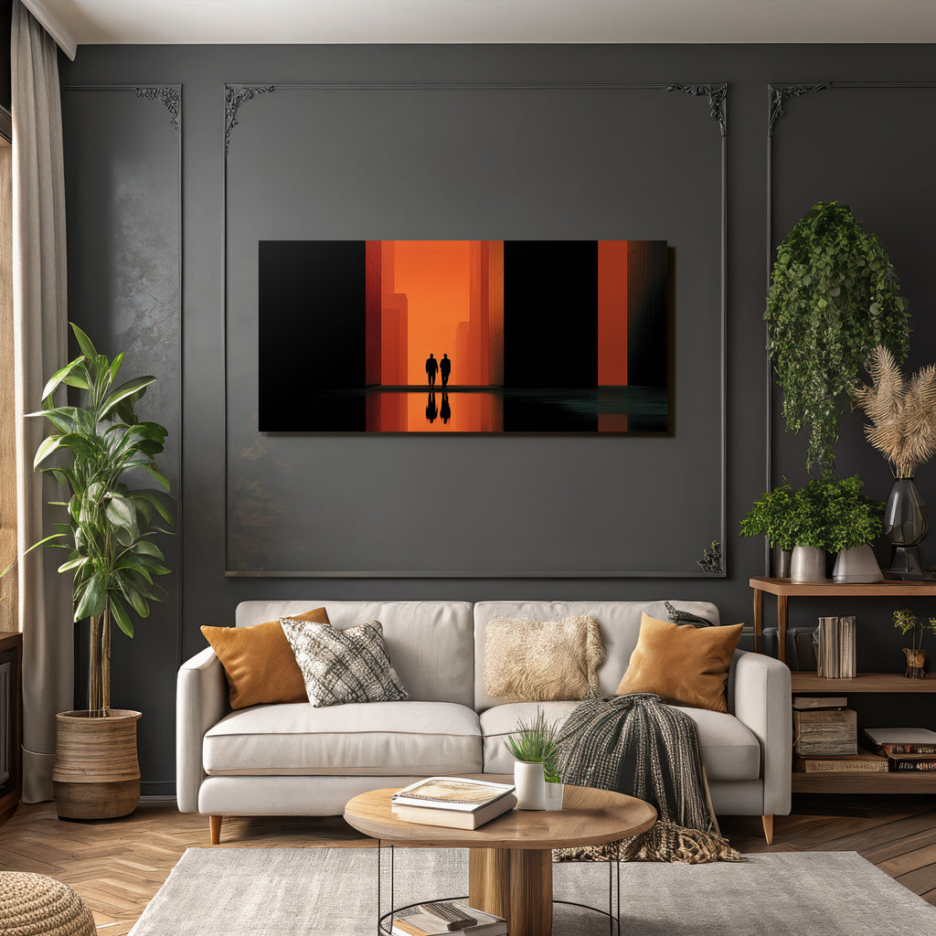 Moderne Silhoütten In Der Lichte Durchgang Mit Orangeem Hintergrund