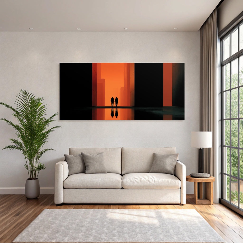 Moderne Silhoütten In Der Lichte Durchgang Mit Orangeem Hintergrund