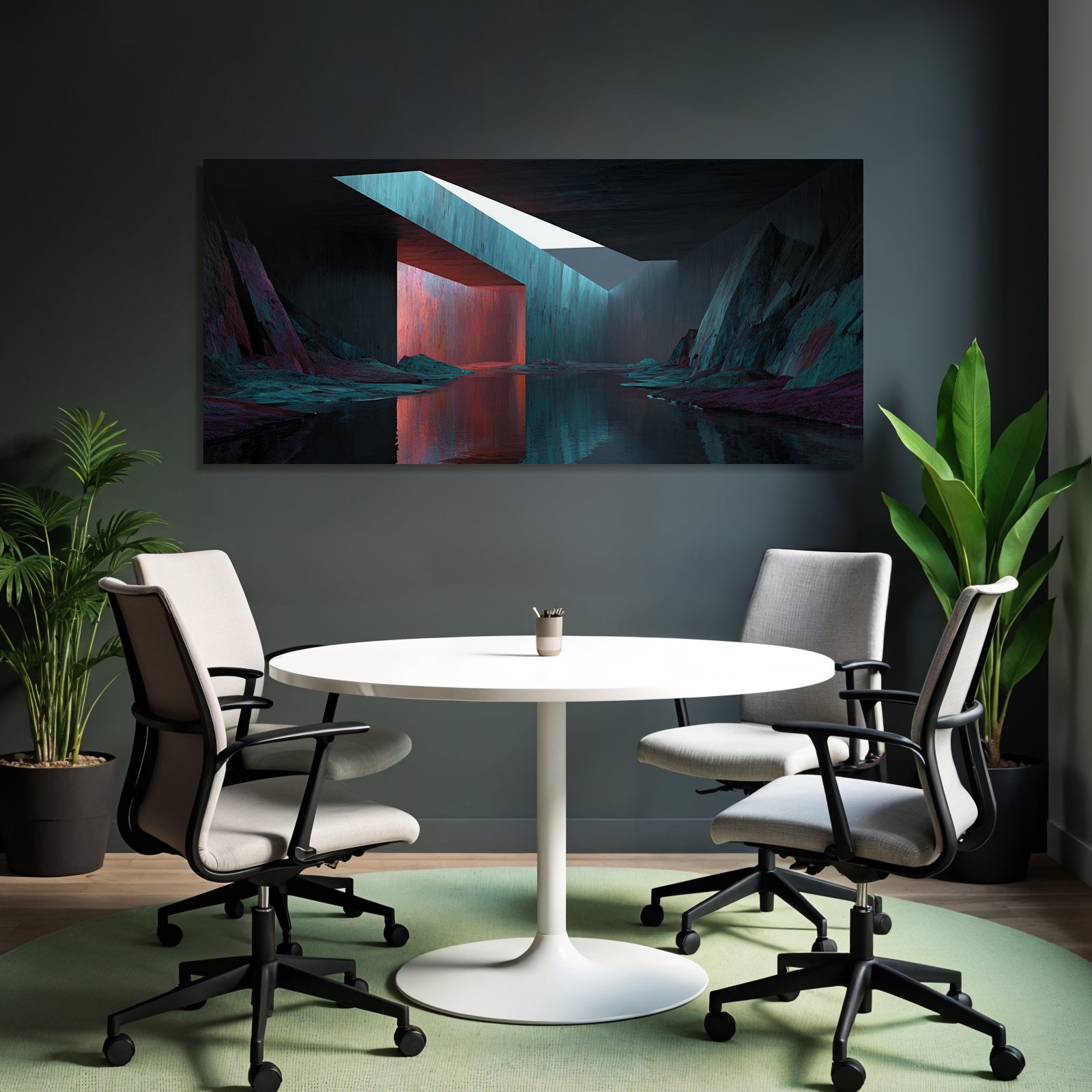 Moderne Stilisiertes Surrealistisches Landschaft Mit Geometrischen Formen Und Vividen Farben
