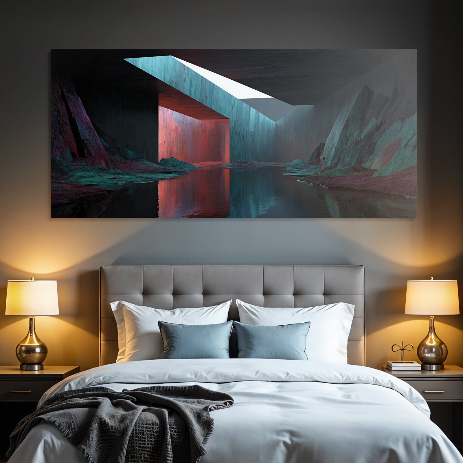 Moderne Stilisiertes Surrealistisches Landschaft Mit Geometrischen Formen Und Vividen Farben