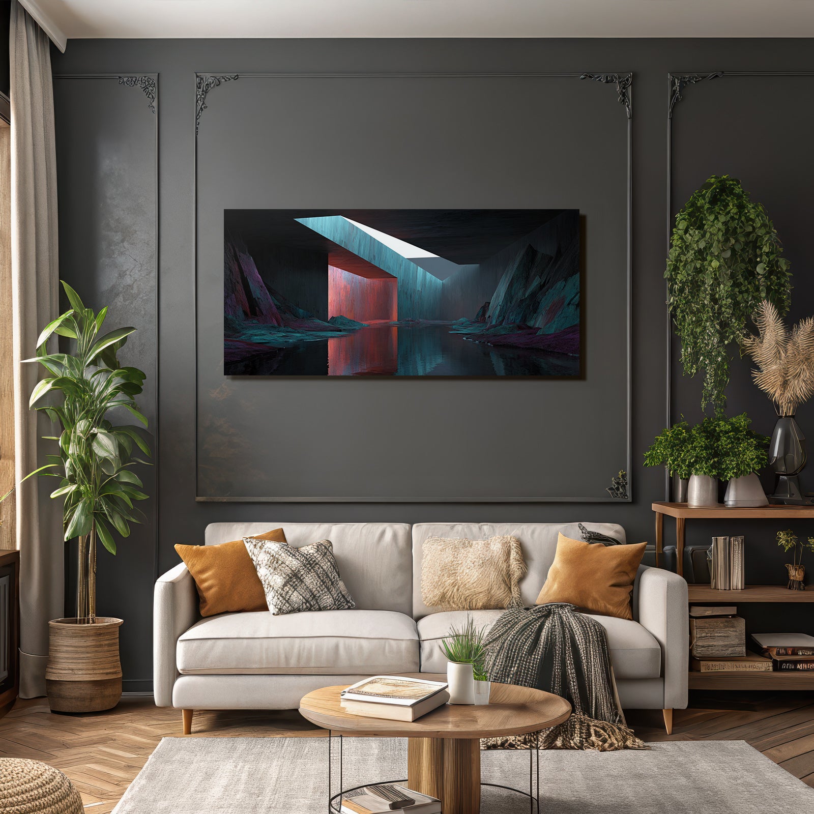 Moderne Stilisiertes Surrealistisches Landschaft Mit Geometrischen Formen Und Vividen Farben