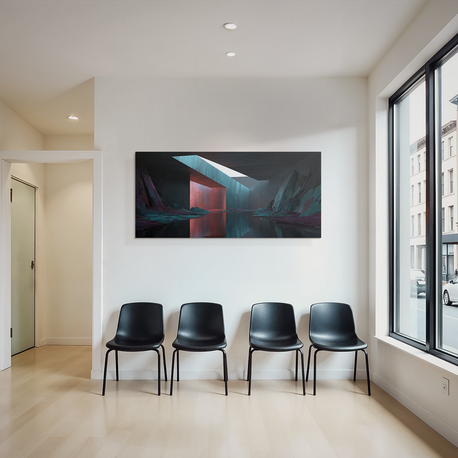 Moderne Stilisiertes Surrealistisches Landschaft Mit Geometrischen Formen Und Vividen Farben