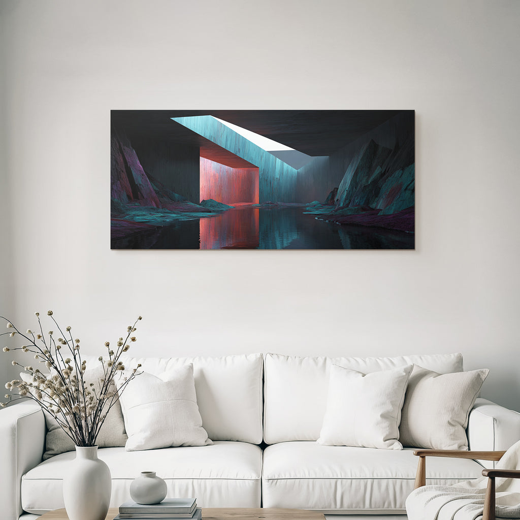 Moderne Stilisiertes Surrealistisches Landschaft Mit Geometrischen Formen Und Vividen Farben