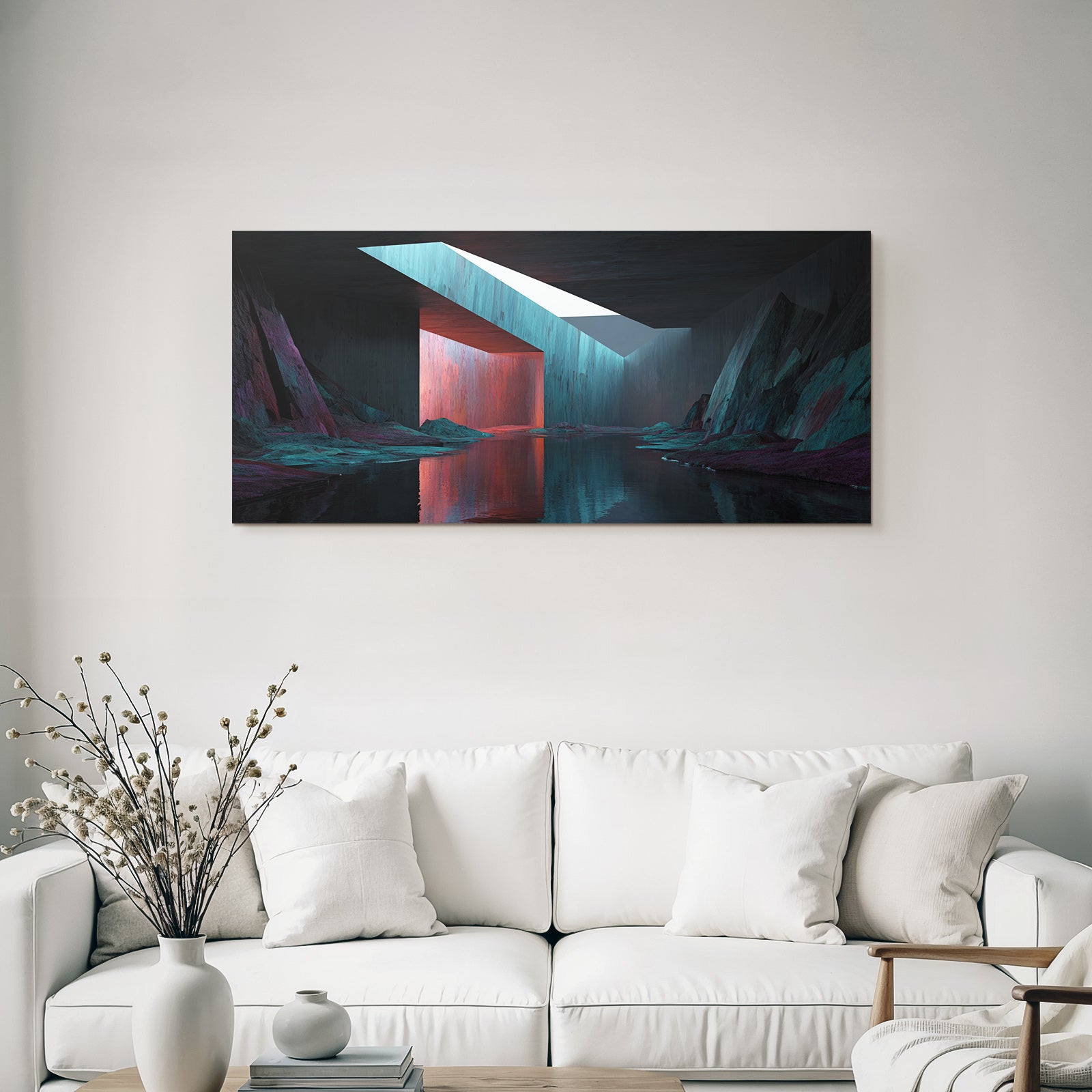 Moderne Stilisiertes Surrealistisches Landschaft Mit Geometrischen Formen Und Vividen Farben