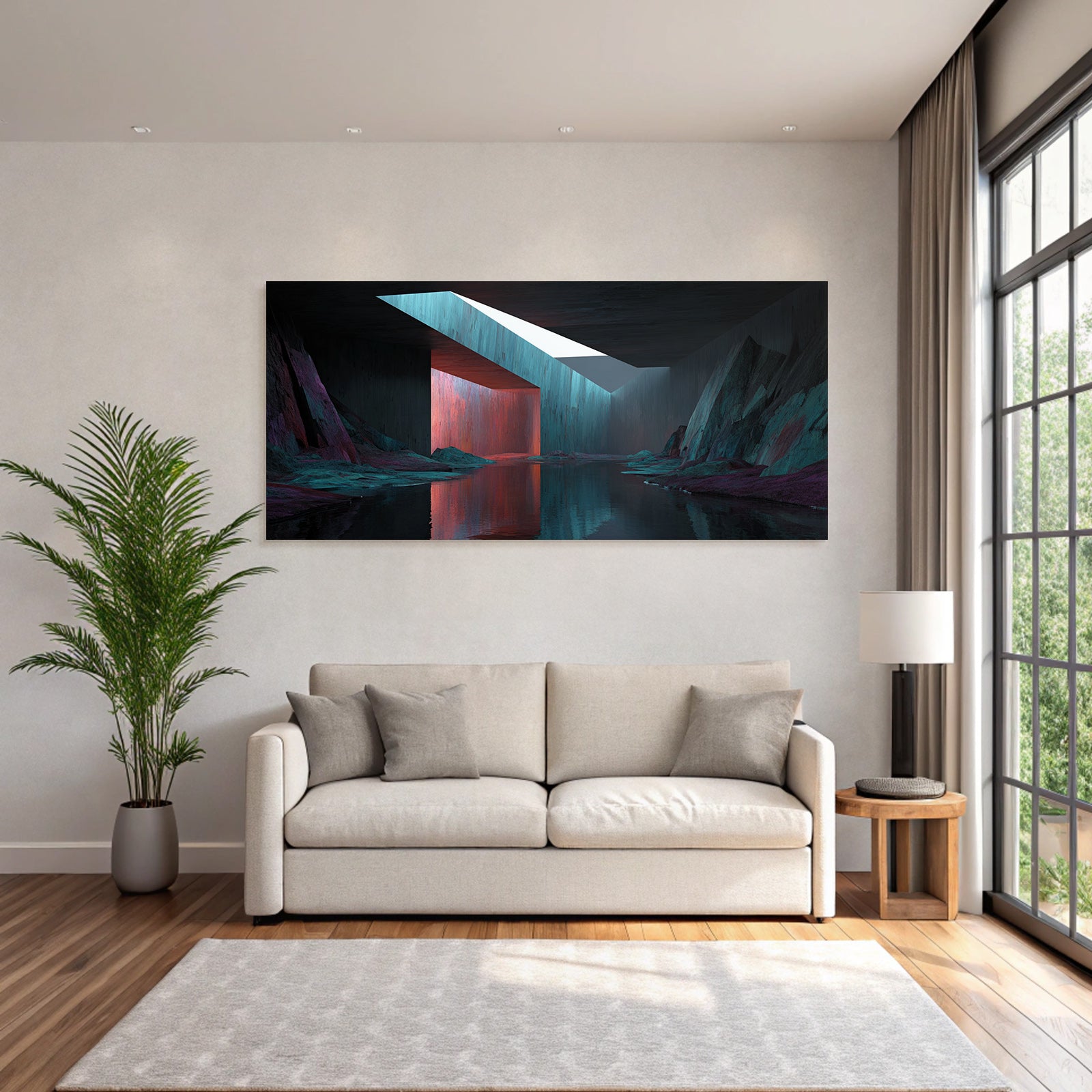 Moderne Stilisiertes Surrealistisches Landschaft Mit Geometrischen Formen Und Vividen Farben